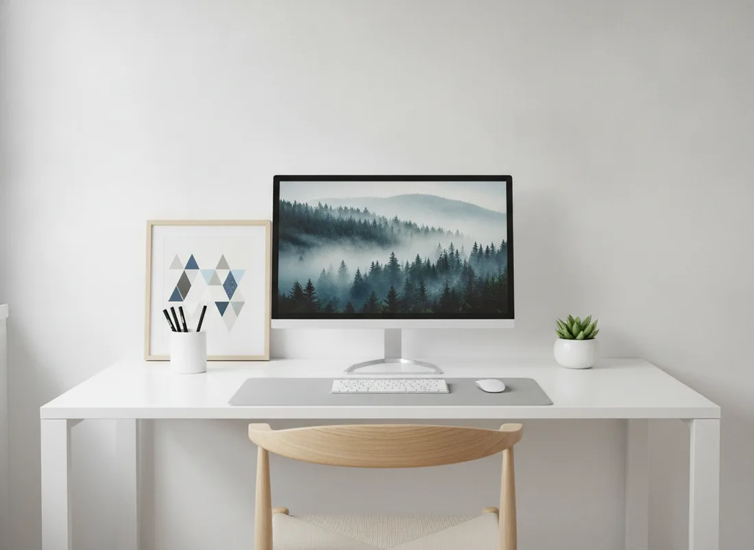 Minimalist white WFH desk setup
