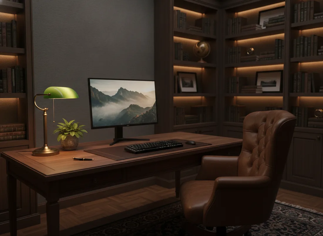 Dark moody executive office desk setup
