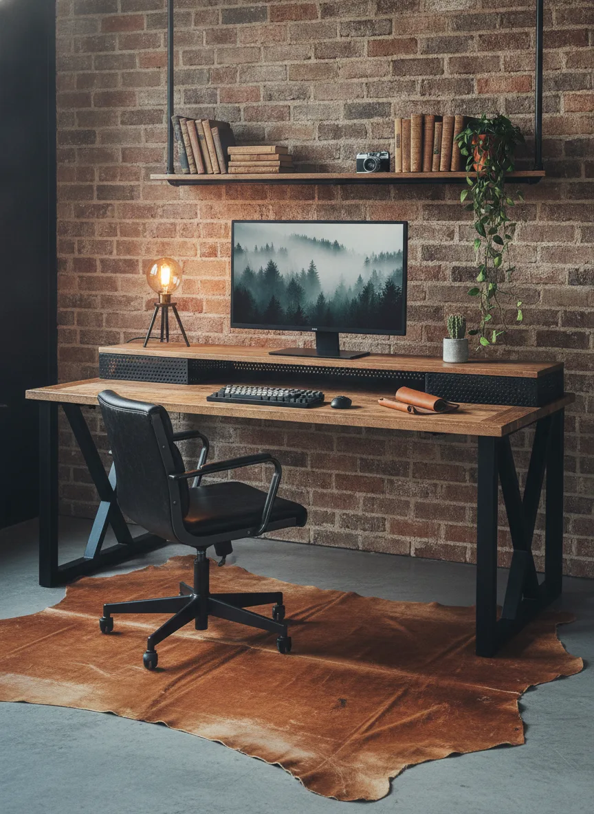 Industrial loft office desk setup