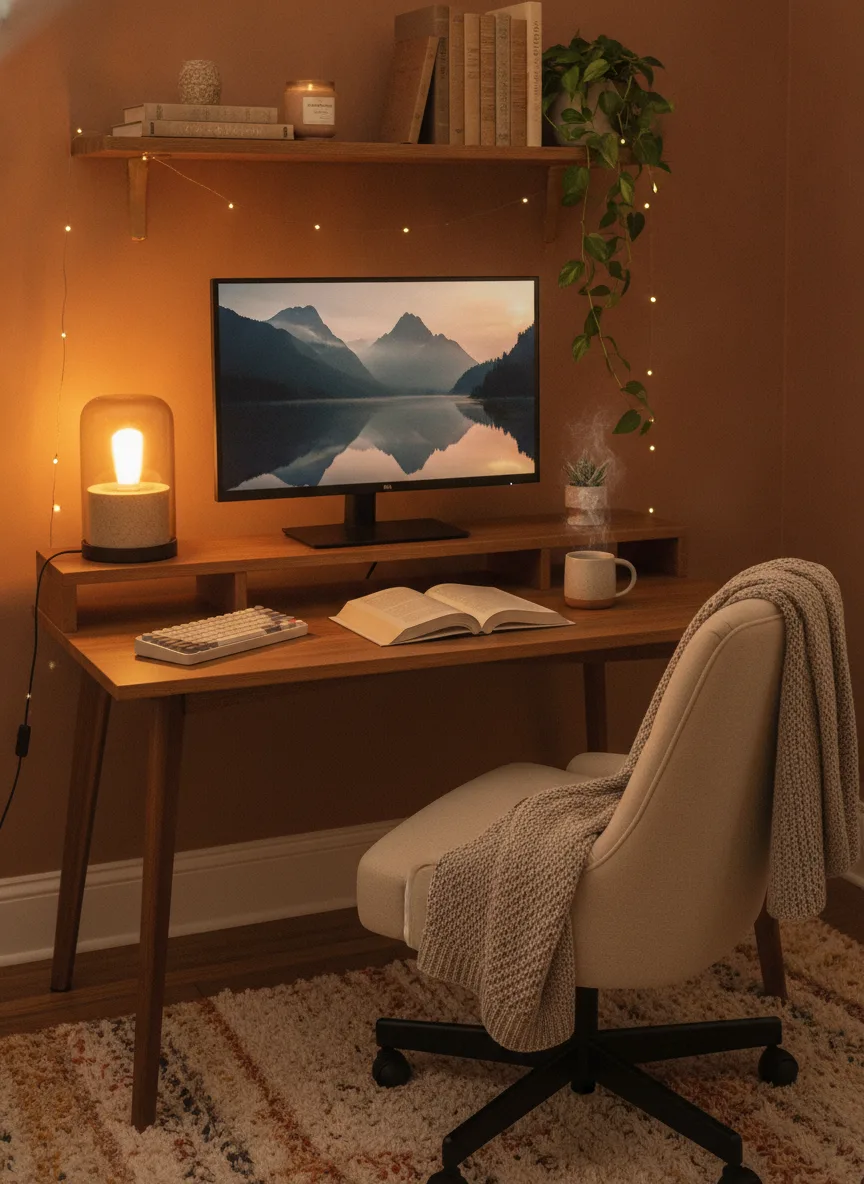 Warm cozy lamp-lit office desk setup