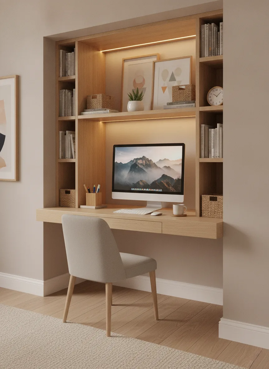 Built-in alcove nook office desk setup