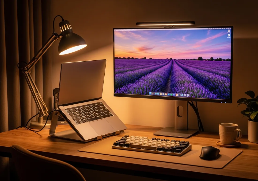 Clamshell vertical-dock desk setup