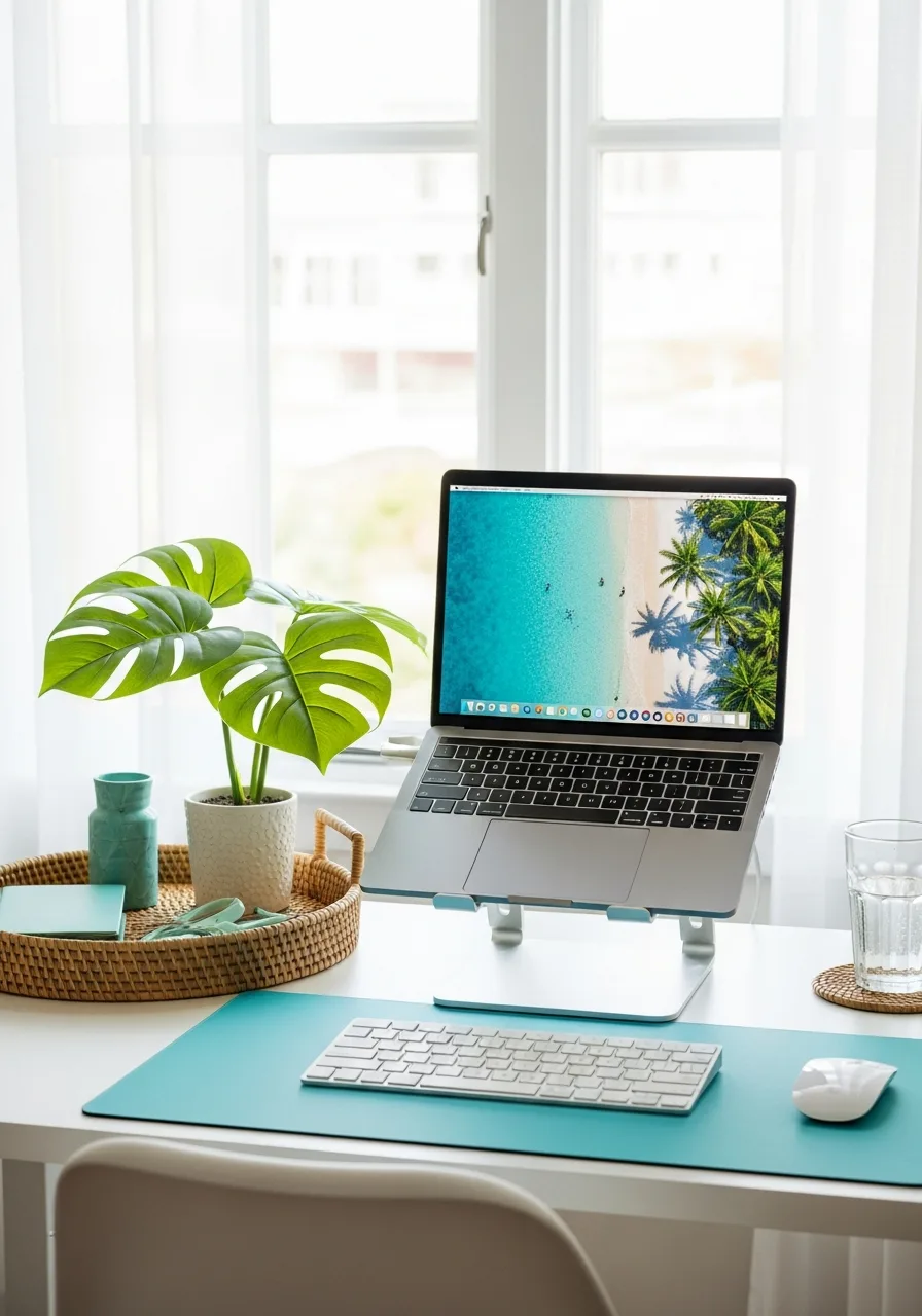 Tropical breezy laptop desk setup