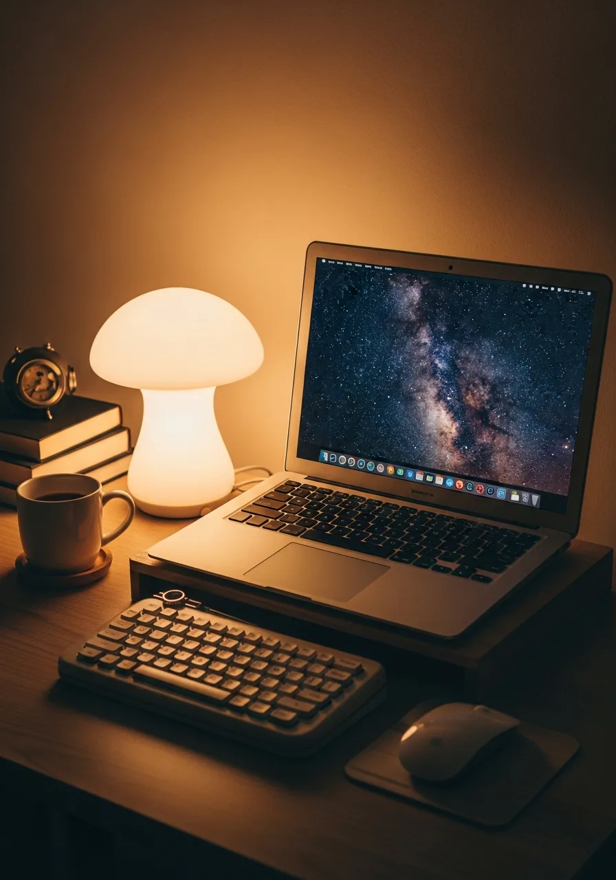Mushroom-lamp night laptop desk setup
