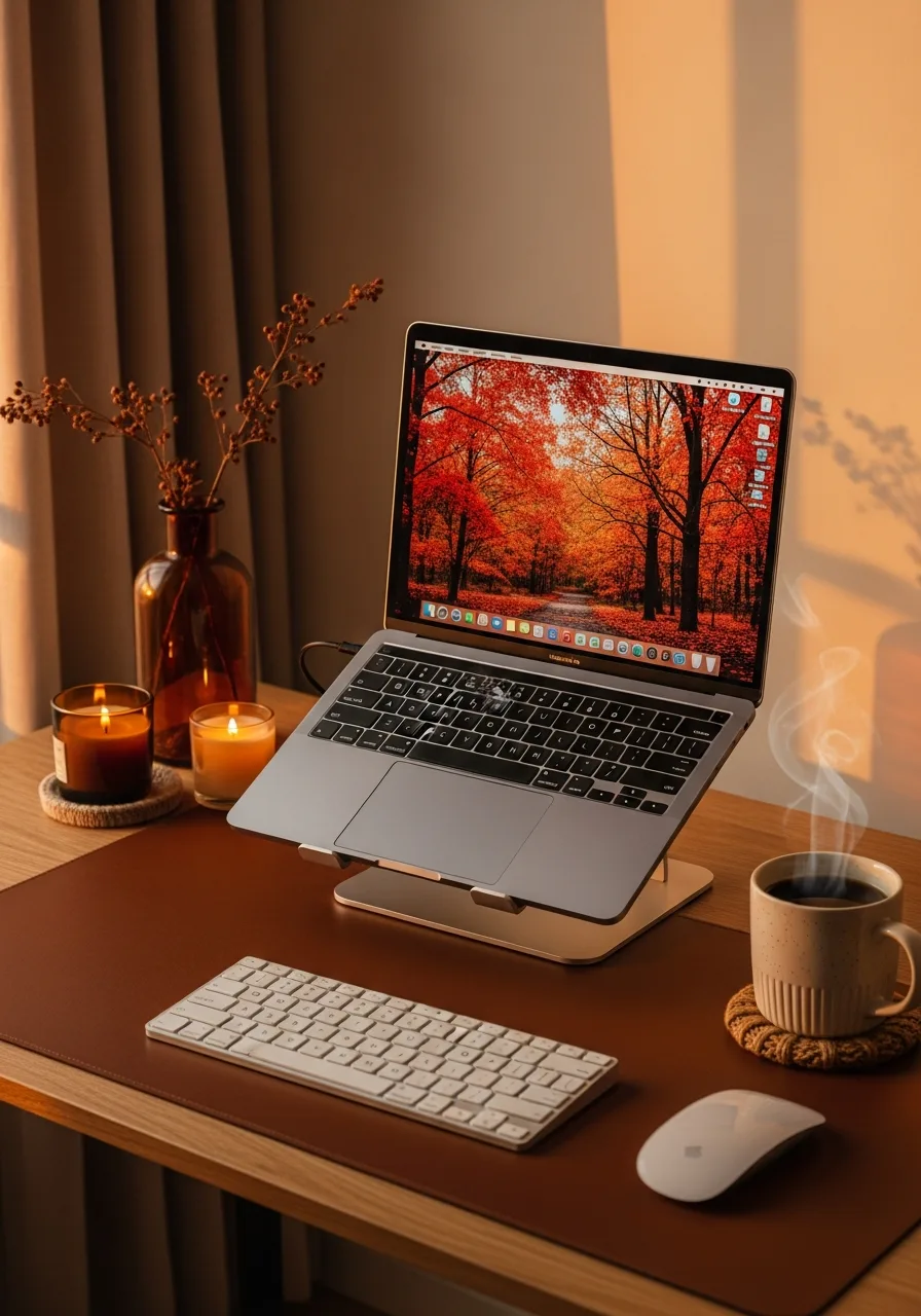 Autumn warm laptop desk setup