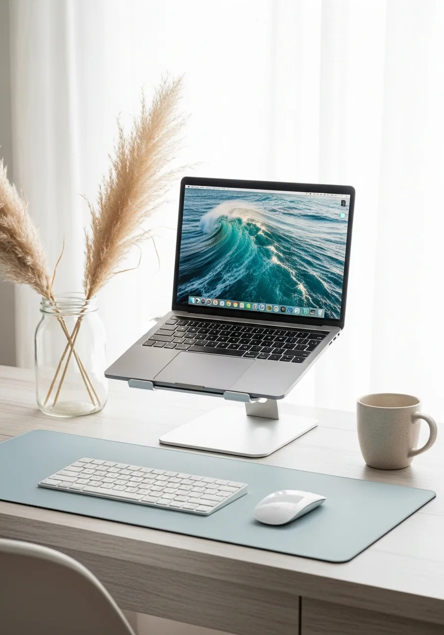 Coastal cream-and-blue laptop desk setup