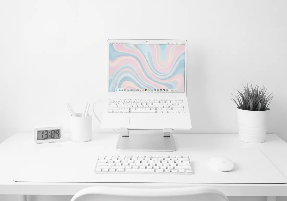 All-white minimalist laptop desk setup