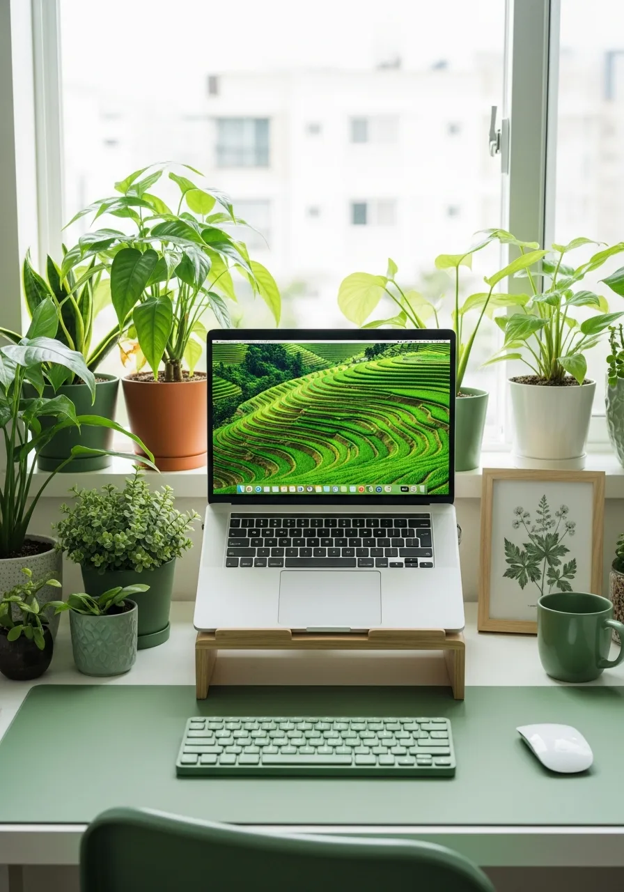 Plant-filled green laptop desk setup