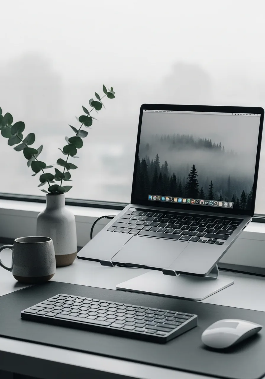 Foggy-morning grey laptop desk setup