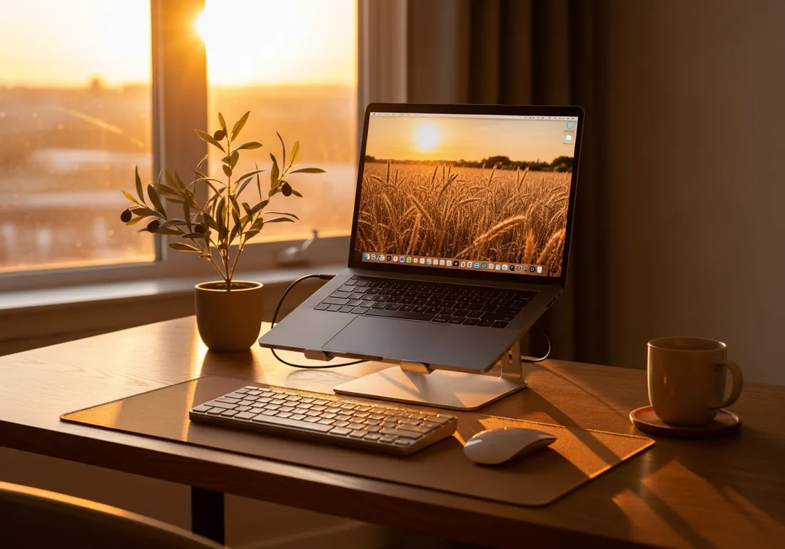 Golden-hour oak laptop desk setup
