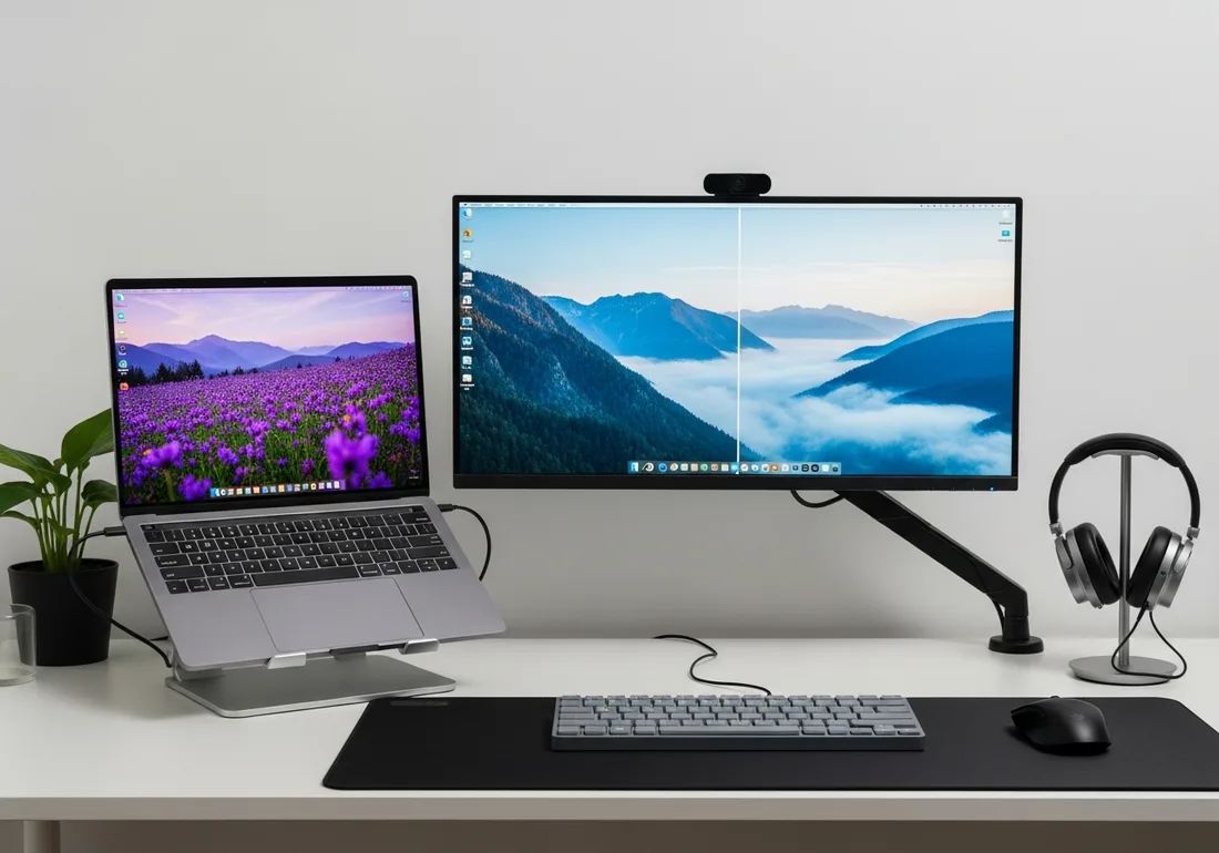 Modern grey dual-screen dock desk setup