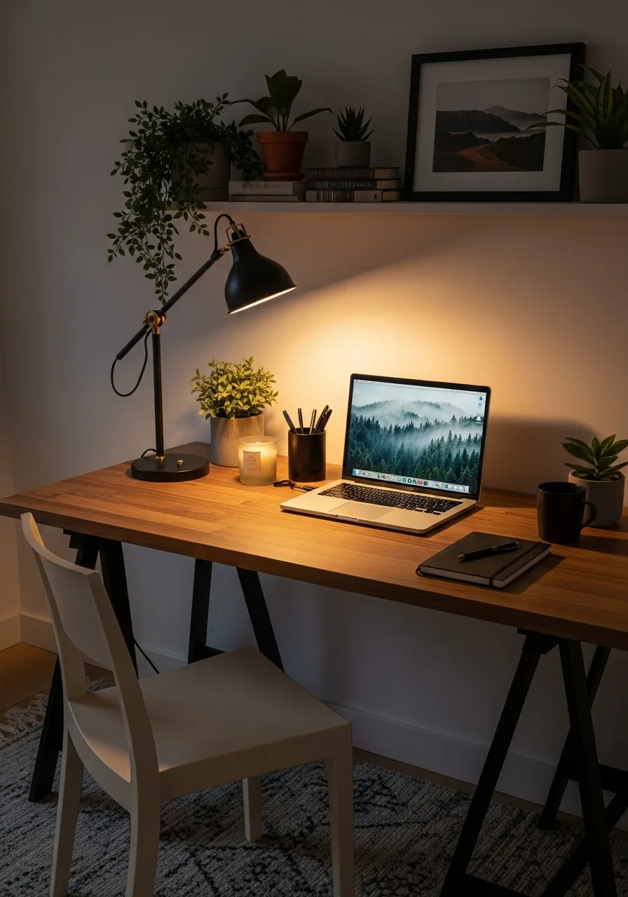 Warm trestle-leg desk setup