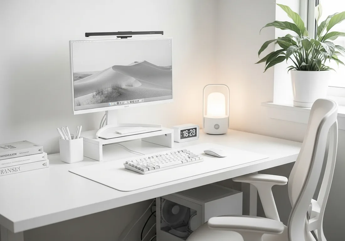 All-white monochrome desk setup