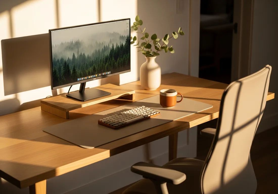 Golden-hour oak desk setup