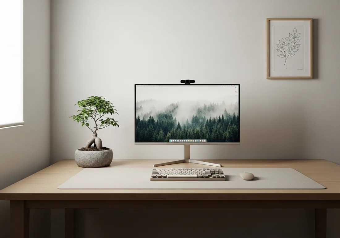 Japandi neutral desk setup