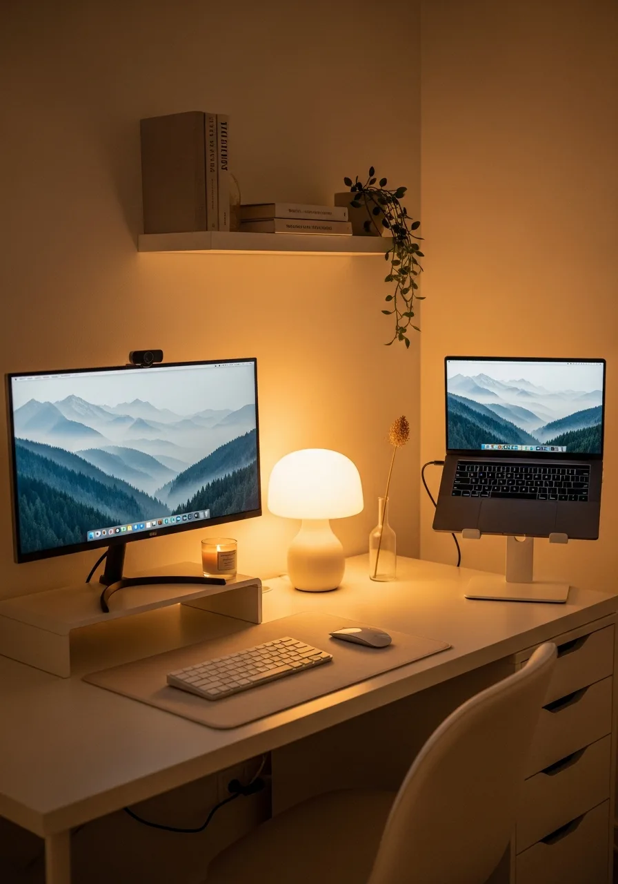 Cream warm-lamp desk setup
