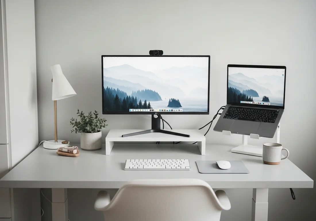 Soft grey calm desk setup