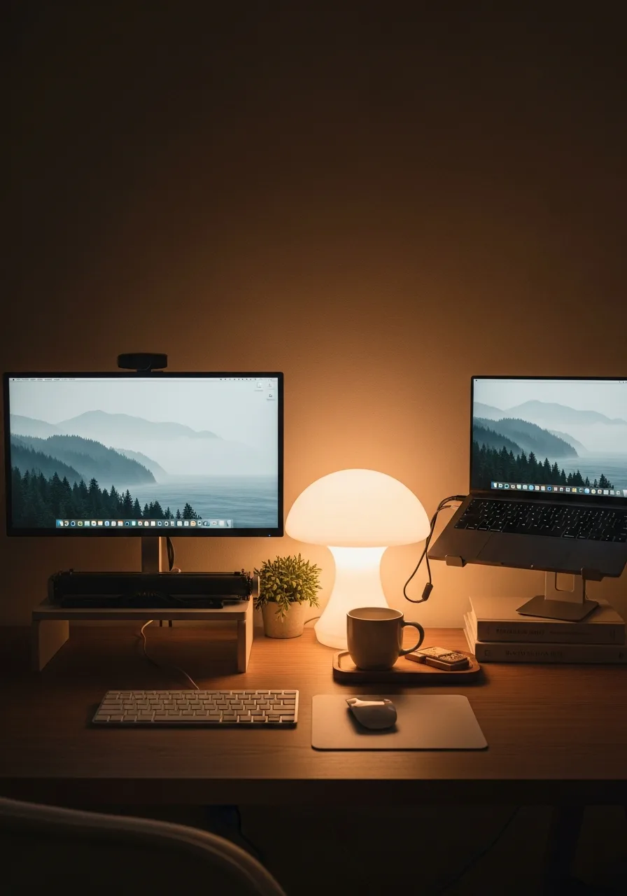 Mushroom-lamp night desk setup