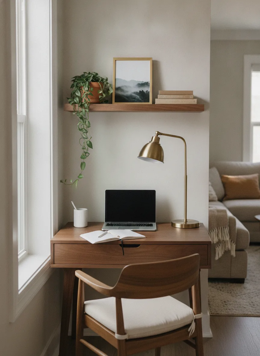 Tiny alcove desk by the window setup