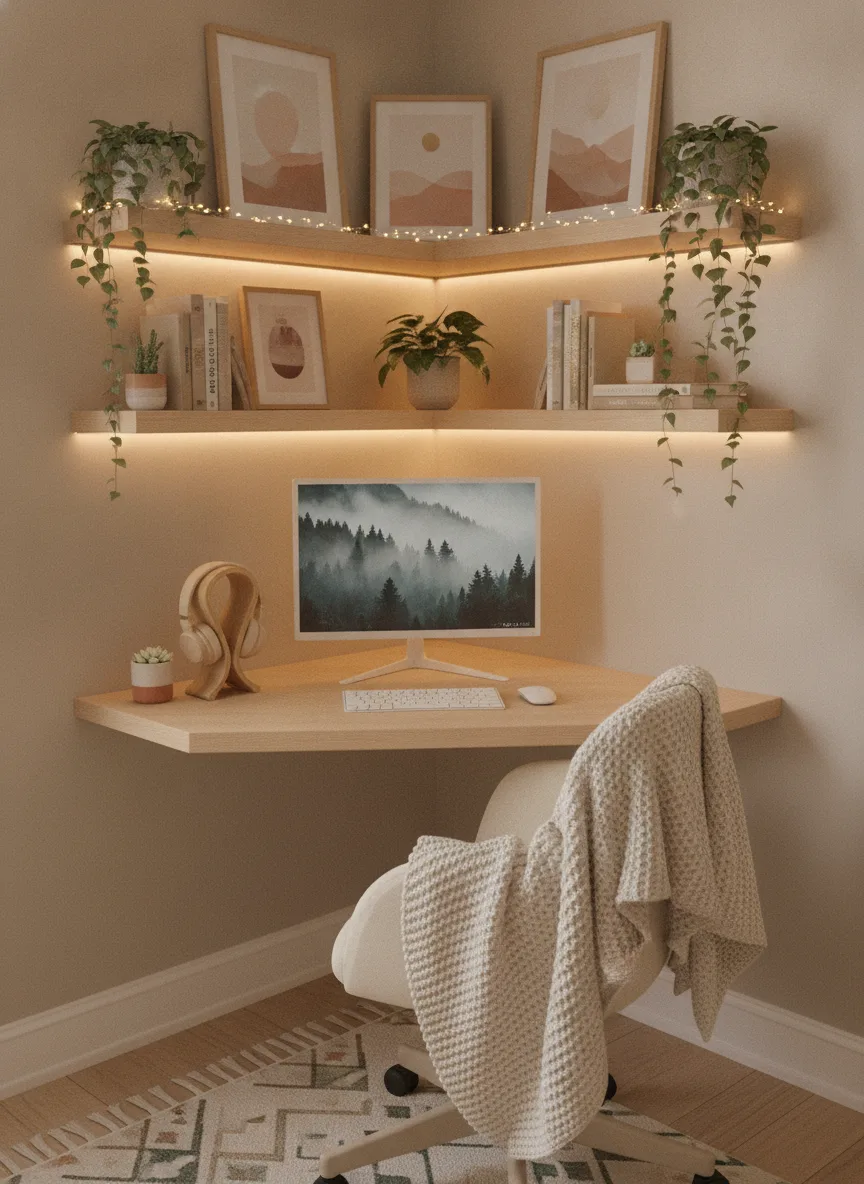Beige corner gallery desk setup