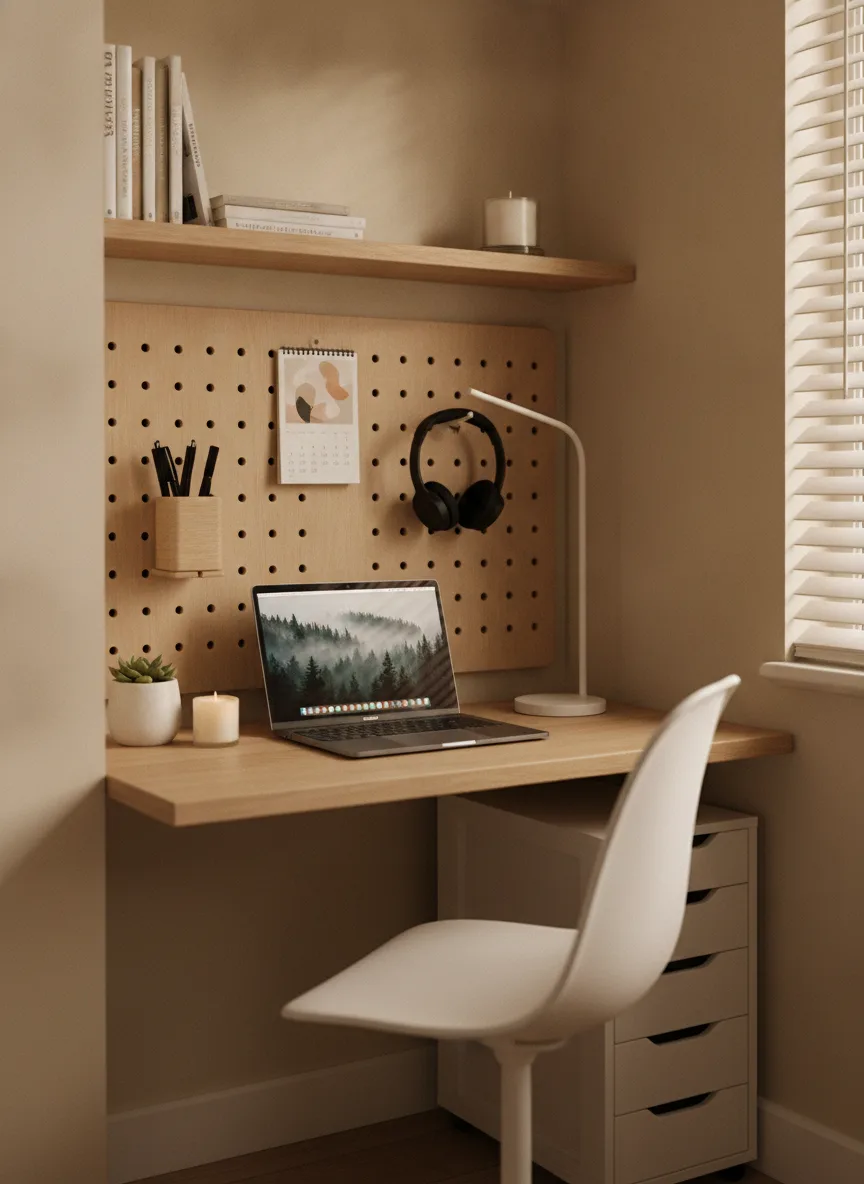 Warm pegboard nook desk setup