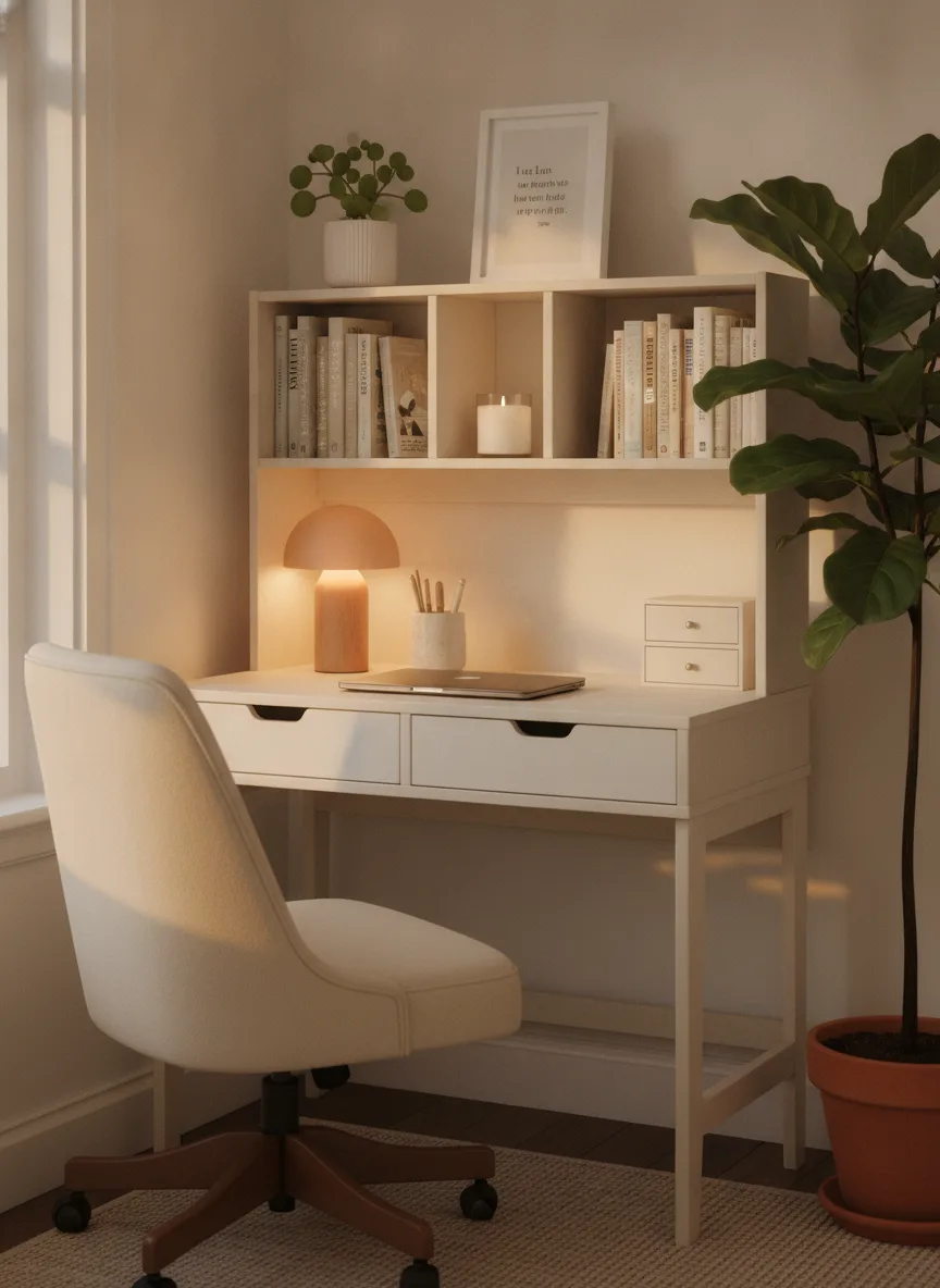 Cream hutch desk setup