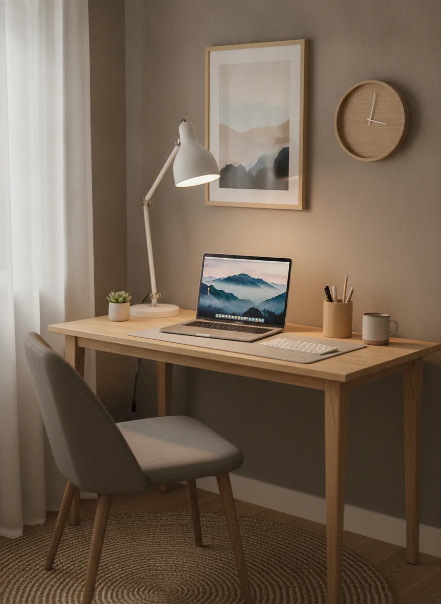 Light-wood minimal small desk setup