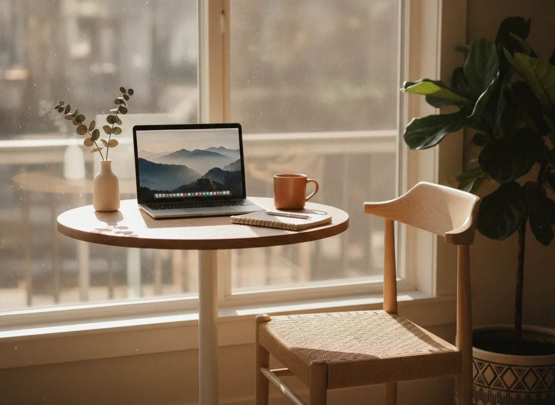 Round bistro-table desk setup