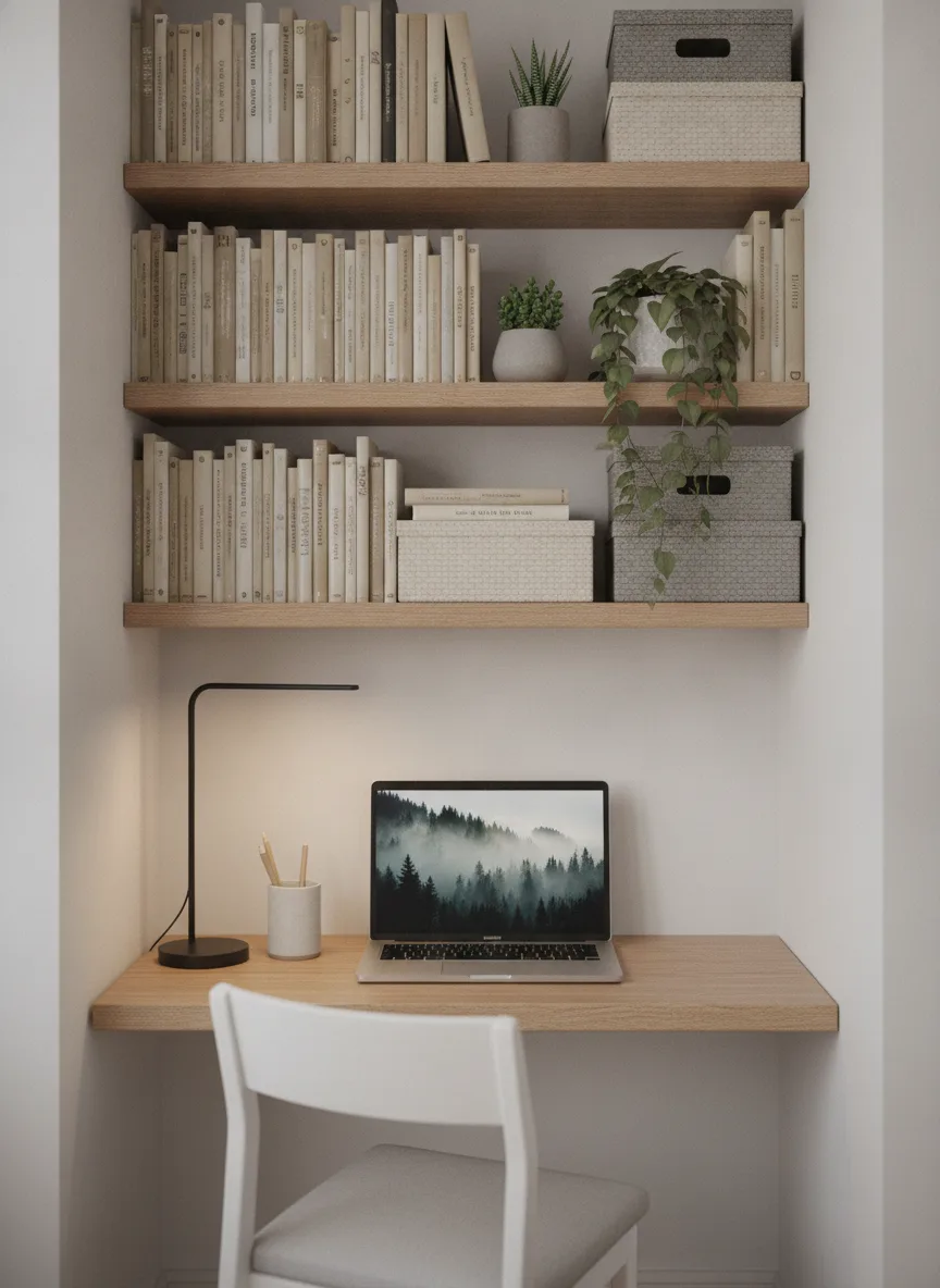 Vertical-storage small desk setup