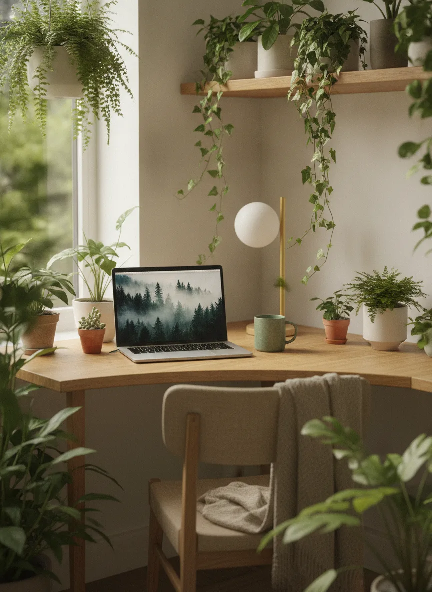 Plant-filled corner desk setup