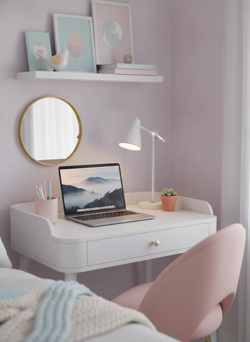 Pastel pink small desk setup