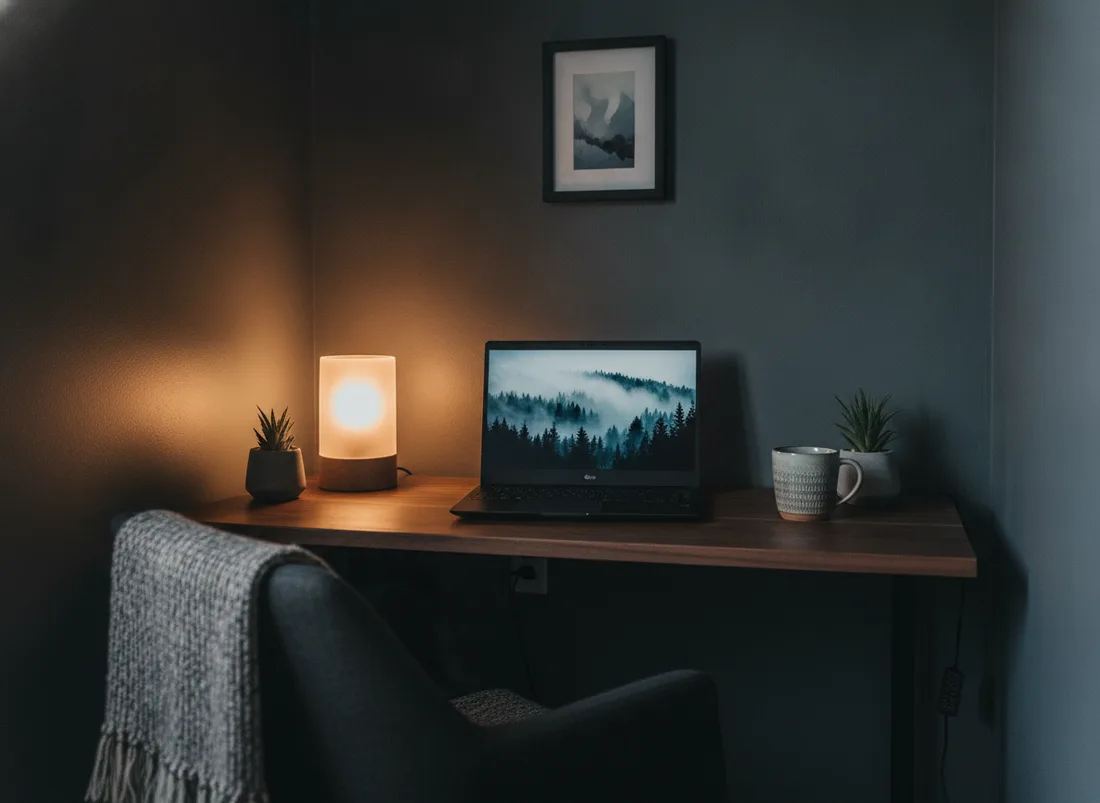 Dark moody corner desk setup