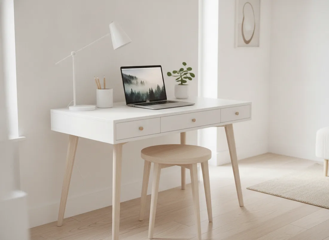 Scandi tuck-under-stool desk setup