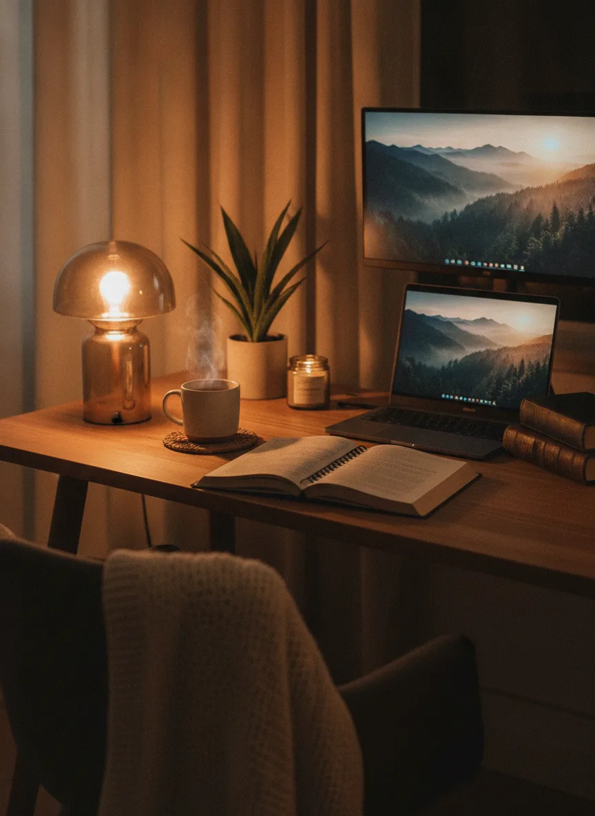 Cozy warm study desk setup