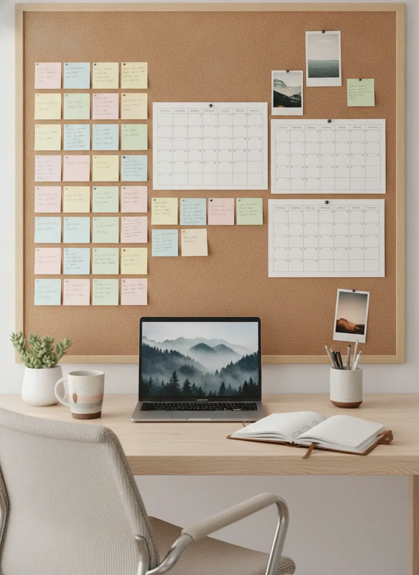 Cork-board study desk setup