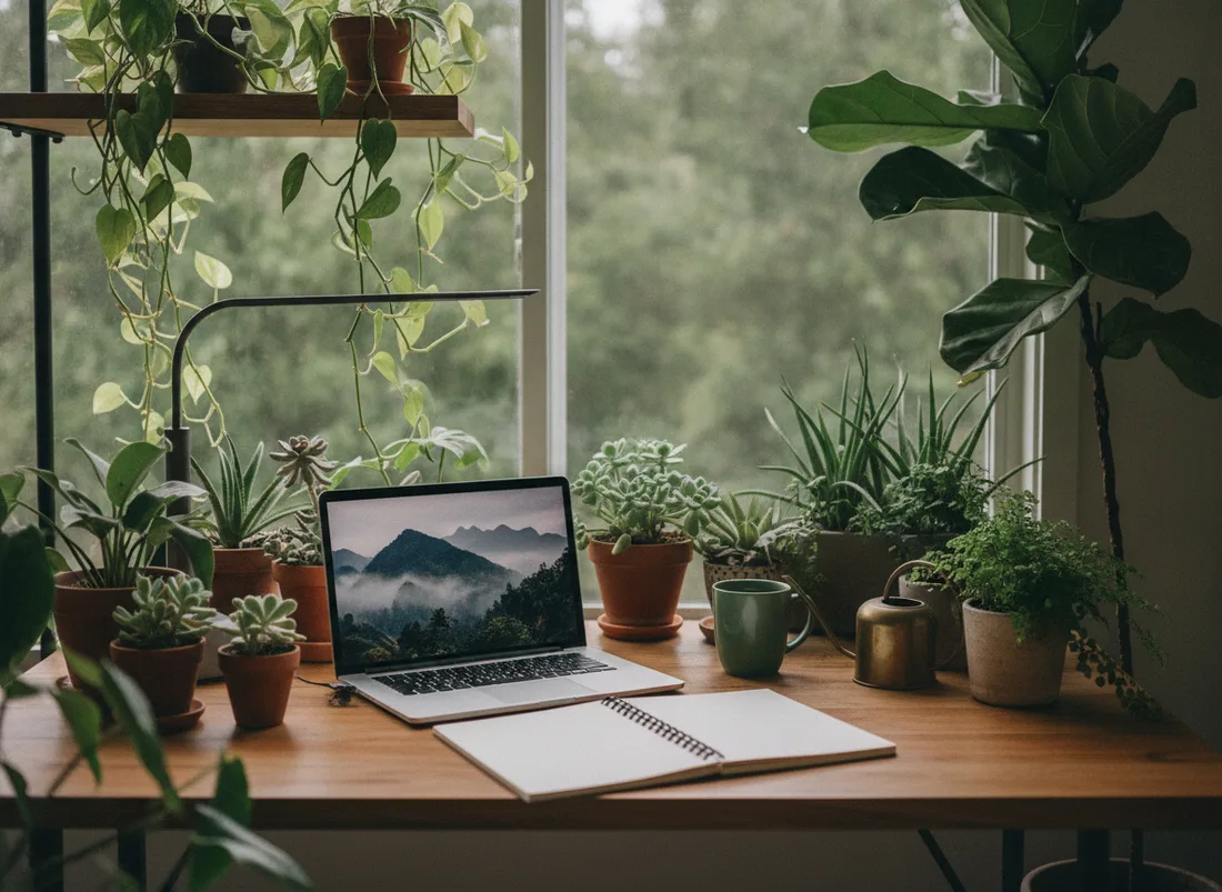 Plant-filled study desk setup