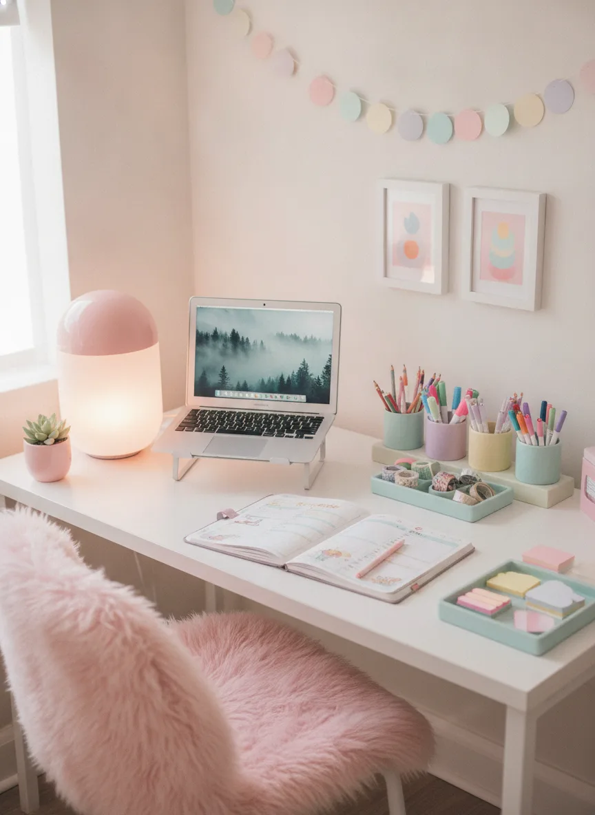 Pastel cute study desk setup