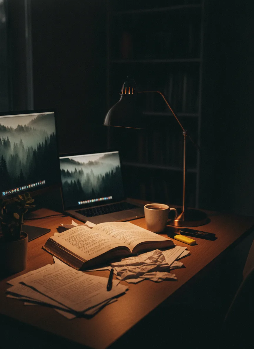 Late-night study desk setup