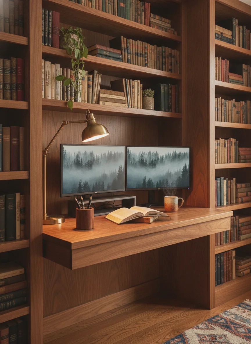 Bookshelf study desk setup