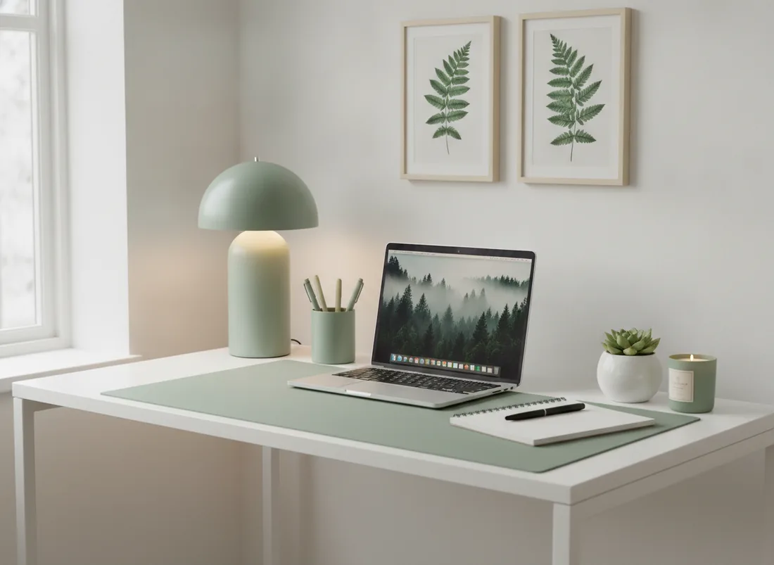 Sage green study desk setup