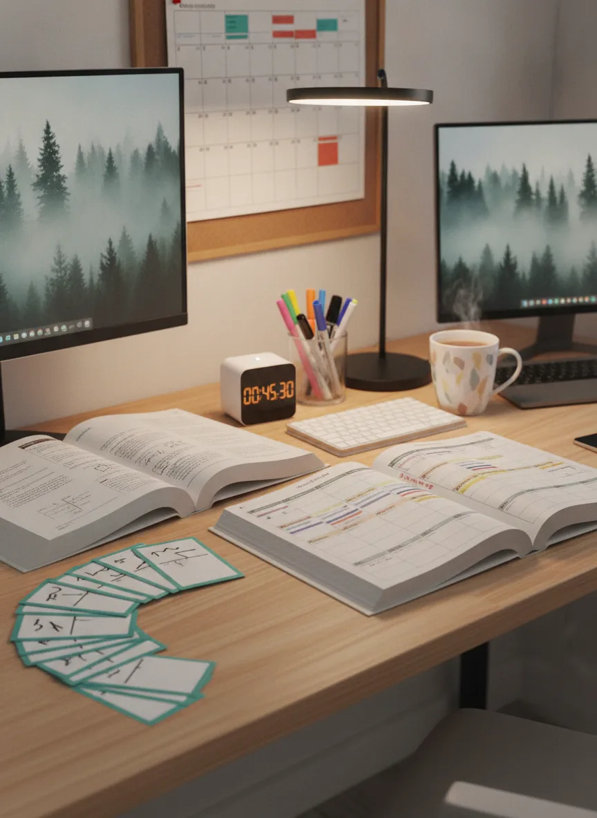 Exam-prep study desk setup