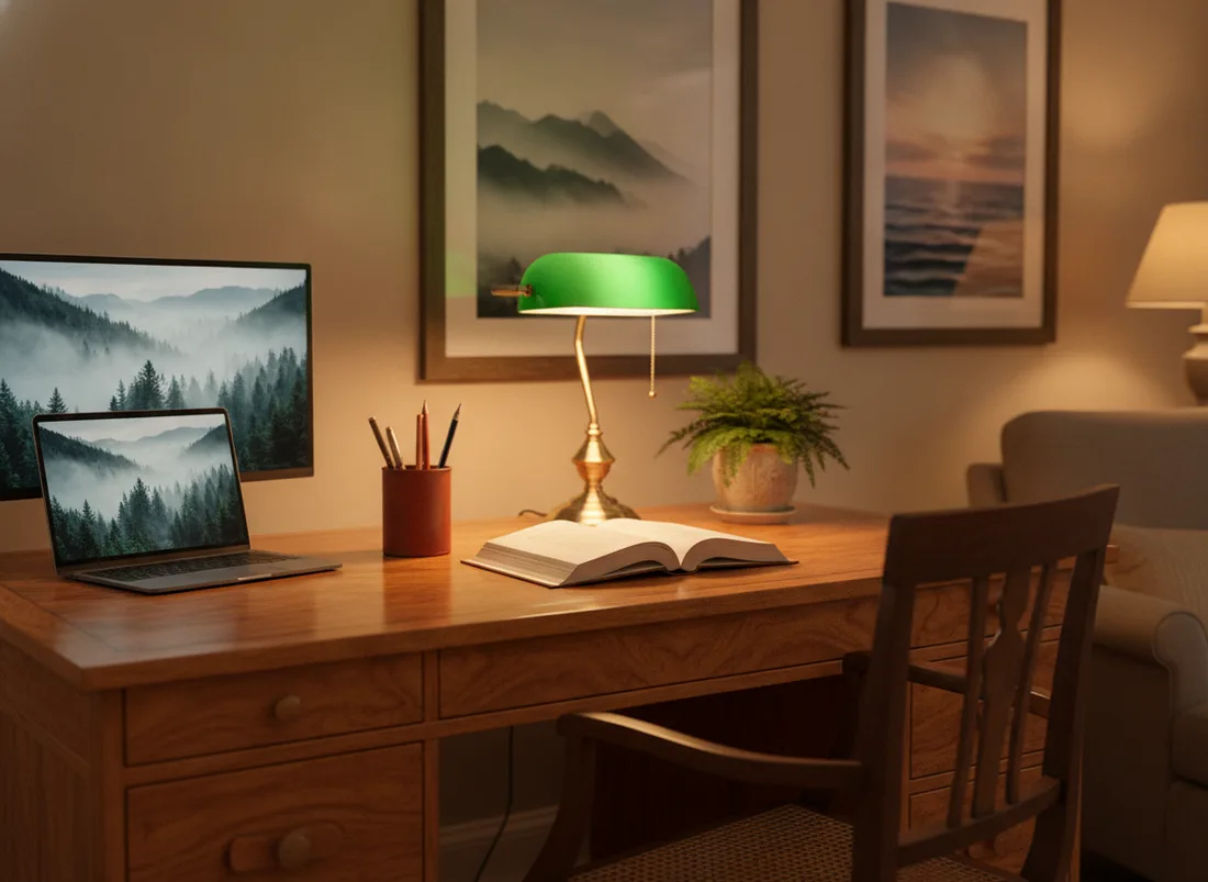 Classic warm-wood study desk setup