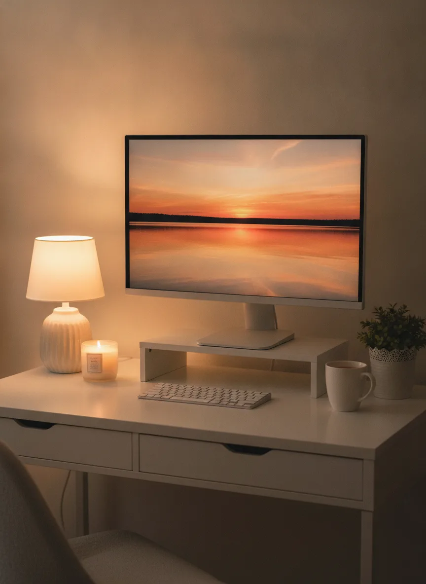 White cozy warm-lit desk setup