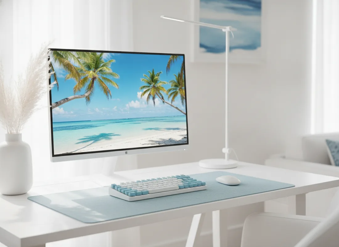 White and coastal blue desk setup