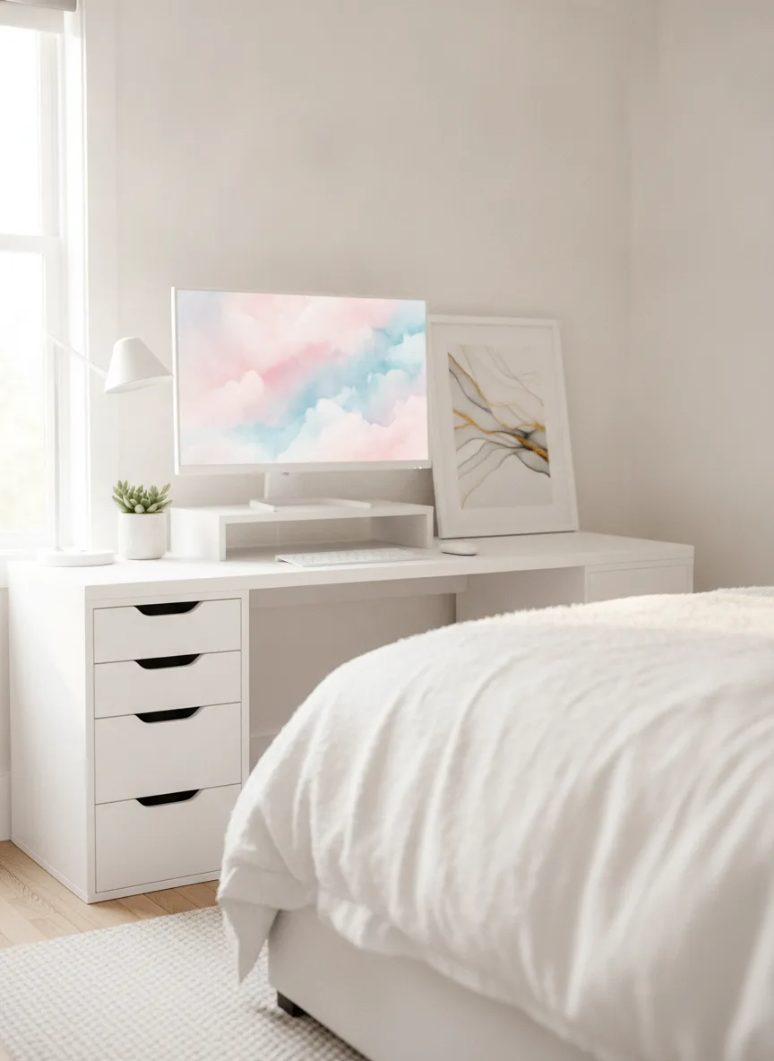 White bedroom desk setup
