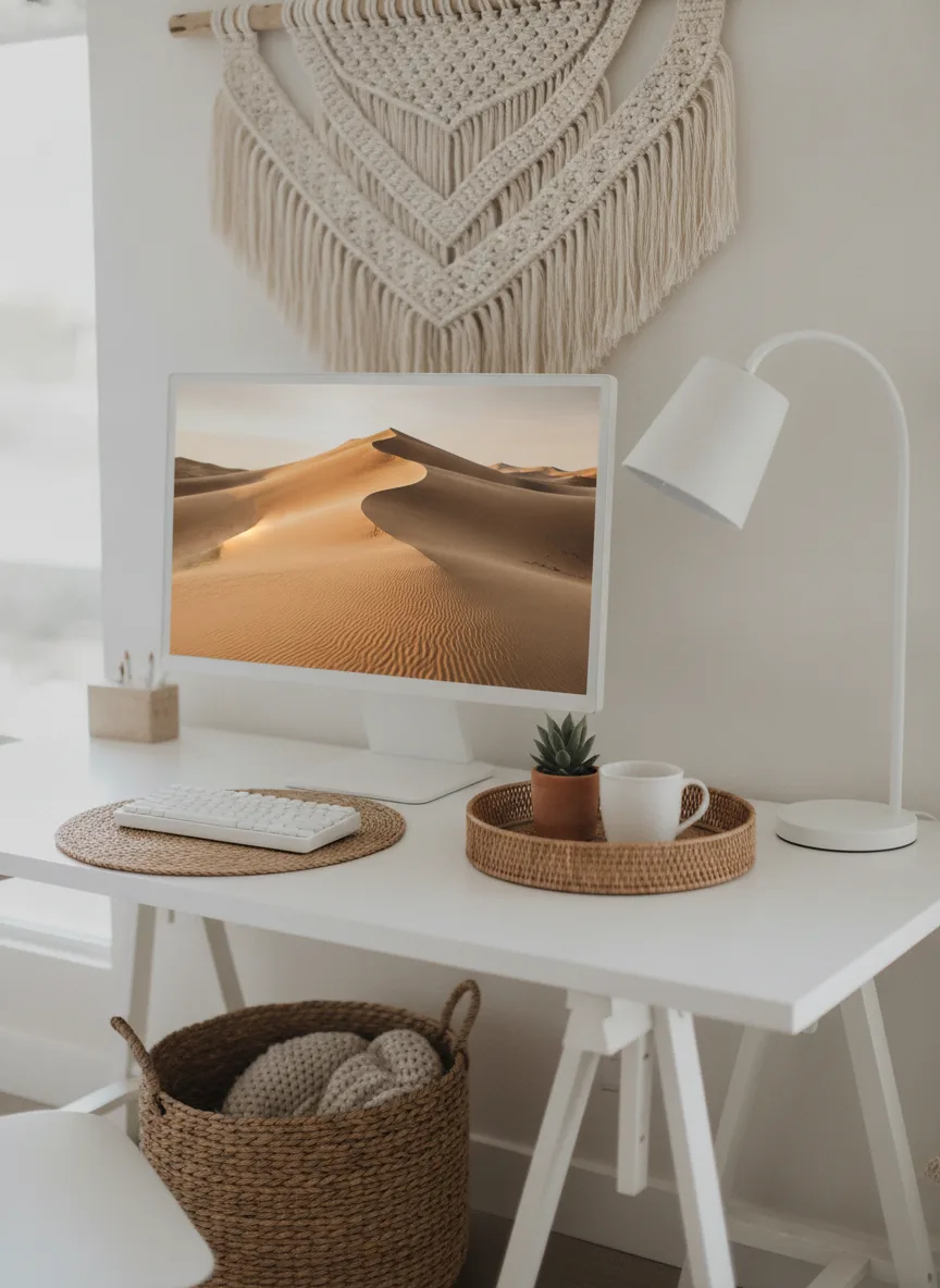 White and rattan boho desk setup