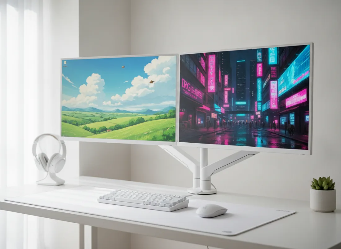 White dual-monitor desk setup