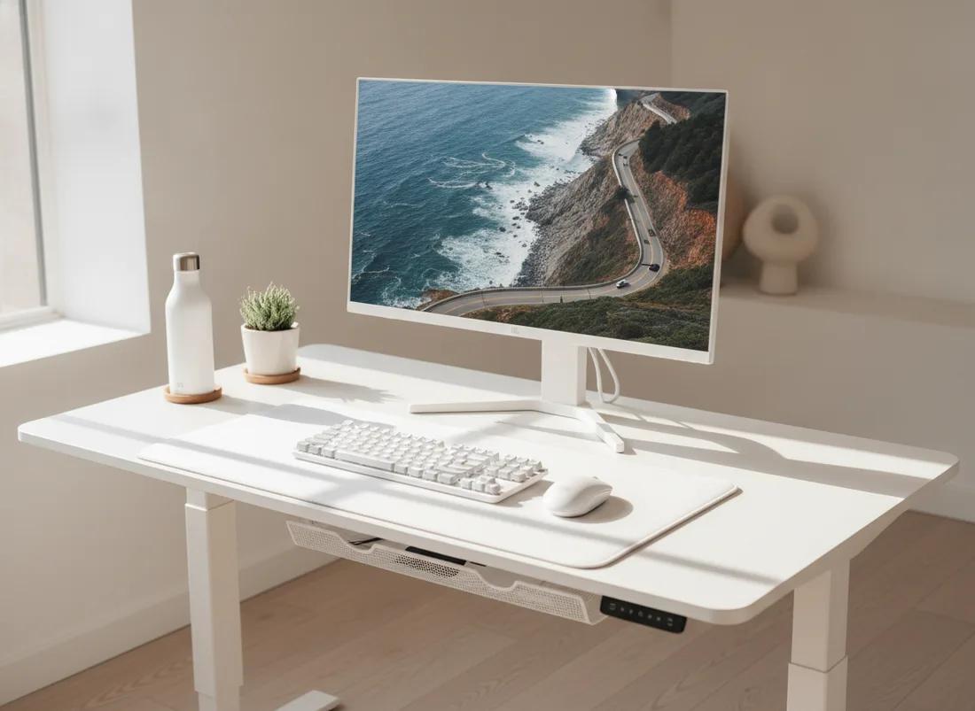 White standing desk setup