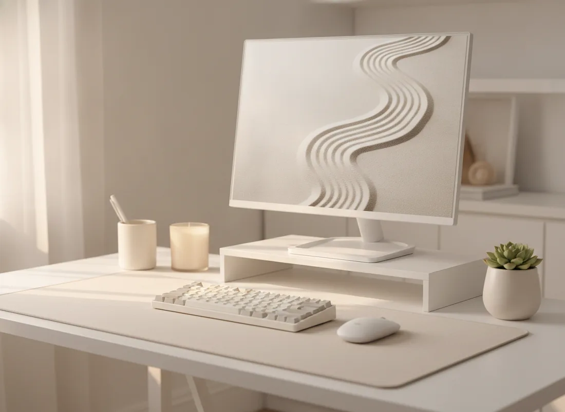 White and cream layered desk setup